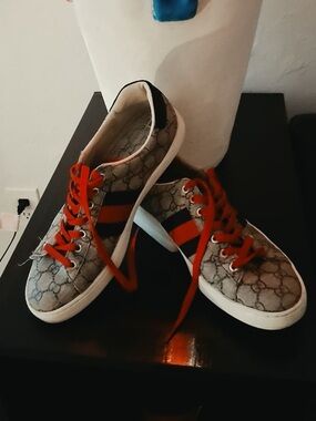 Gucci Ace GG Monogram Low-Top Sneakers with Red Laces and Navy-Red Web